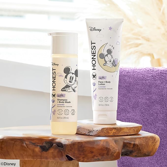 The Honest Company 2-in-1 Cleansing Shampoo and Body Wash Face Lotion Bundle Disney Design Gentle Enough for Baby Dermatologist Tested Calm Lavender 18.5 fl oz