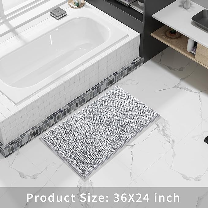 Yimobra Bath Mats for Bathroom Non Slip, 36x24, Extra Soft Chenille Bathroom Rugs, Luxury Fluffy Long Matts for Tub, Plush Shaggy Carpet, Water Absorb, Machine Washable, Light Grey & Dark Grey