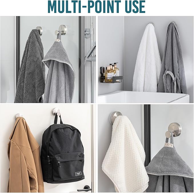 TAILI Stylish 304 Stainless Steel Bathroom Suction Hooks for Towel, Bathrobe, Loofah, No Damage Hanging Glass Shower Wall Hook, Patented Strong Suction Cup Holder, Hold Up to 11 Lbs, O-Cylinder Silver