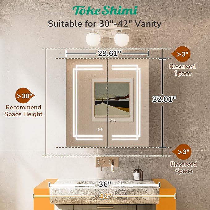 TokeShimi 30x32 Bathroom Mirror Medicine Cabinet with Light 3 Colors, Anti-Fog Tempered LED Mirror with Storage, Stepless Dimming CRI 80+, Memory Funtion, Wall Mirrored Cabinet for Bathroom Décor