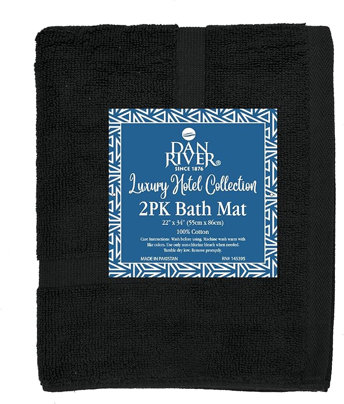 DAN RIVER Classic Cotton Bath Mats Set of 2 – Not a Bathroom Rug, Ultra Soft, Highly Absorbent & Machine Washable Bath Mat Towel for Bathroom Floor Mat – Durable, Quick-Dry, 21x34 Inches, Black