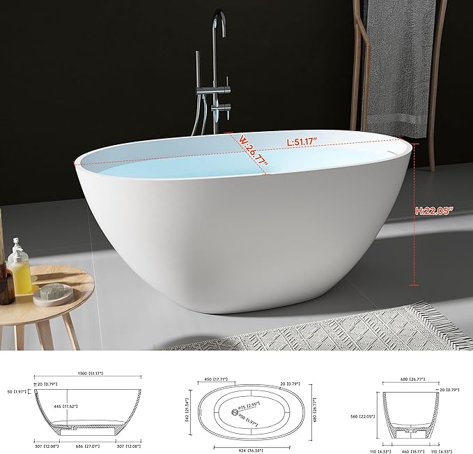 SJ STAR&JANE 51" Solid Surface Freestanding Bathtub, Stone Resin Oval Soaking Tub, Matte White，with Pop-up Drain & Overflow