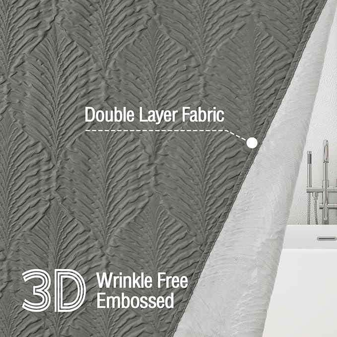 Gibelle Grey Shower Curtain for Bathroom, 3D Embossed Textured Fabric Shower Curtain, Modern Farmhouse Chic Soft Cloth Shower Curtain Set with Hooks, 72x72