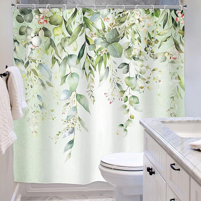 Riyidecor Colorful Floral Flowers Shower Curtain for Bathroom Decor 72Wx72H Spring Watercolor Leaves with Floral Plants Botanical Rustic Art Printed Fabric Polyester Waterproof 12 Pack Plastic Hooks