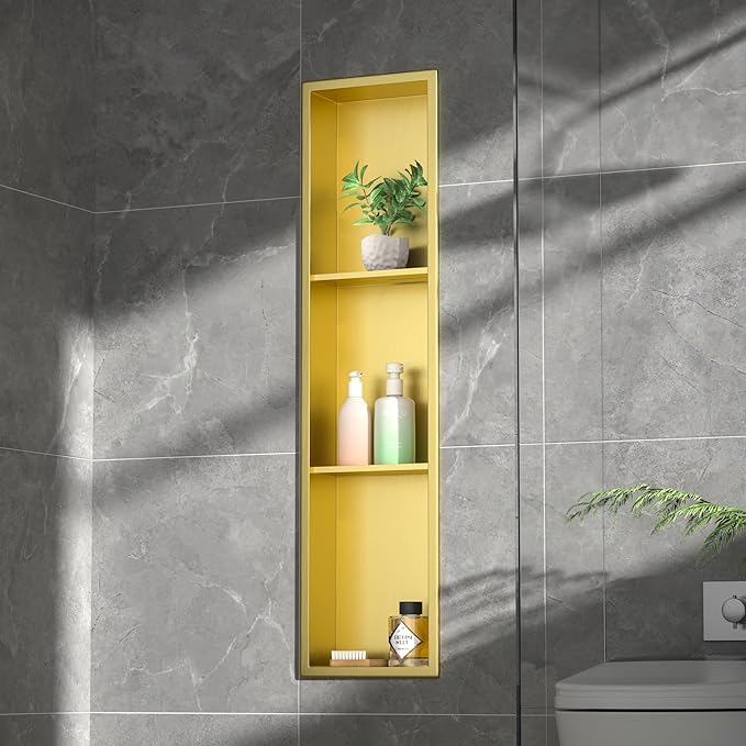 Stainless Steel Shower Niche 8"×36" with 3-Tier Shelve Gold No Tiled Needed Niche Shower for Wall Recessed Shower Shelf for Bathroom Storage