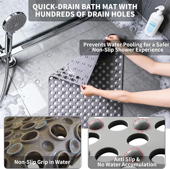 Bath Tub Shower Mat with Soft Shower Foot Scrubber Mat for Massage,Non Slip Bathtub Mat with Strong Suction Cups, Silicone Shower Foot Scrubber Mat (Gray, 35.4" X 23.6"(Rectangular))