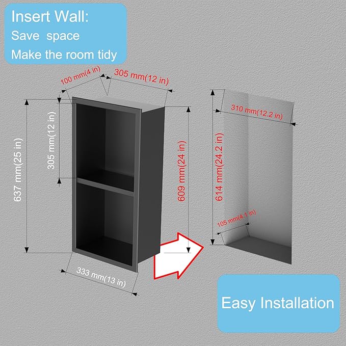 No Tile Needed Shower Niche for Bathroom Storage,Recessed Wall Niche,Double Shelves,Stainless Steel(Black, 24 * 12 in)