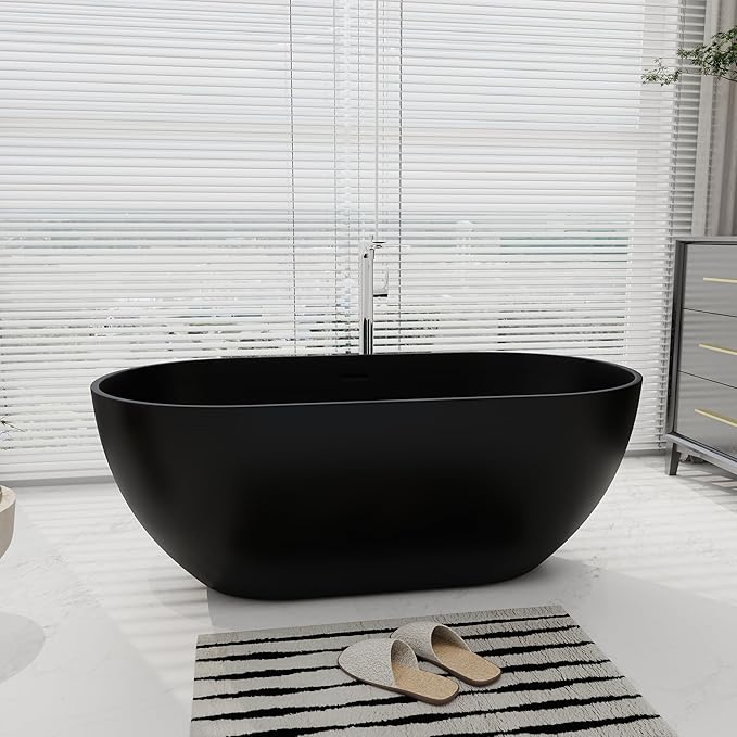 SJ STAR&JANE 59" Solid Surface Freestanding Bathtub Oval Stone Resin Soaking Tub Modern Stand Alone Tub with Overflow & Pop-up Drain, Matte Black for Bathrooms