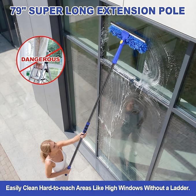 Wontolf 79'' Window Squeegee Cleaner Tool with Extension Pole, 4-in-1 Rotatable Streak-Free Squeegee for Window Cleaning Kit with Storage Bag, for Home, Indoor/Outdoor Windows, Car, Glass, Shower