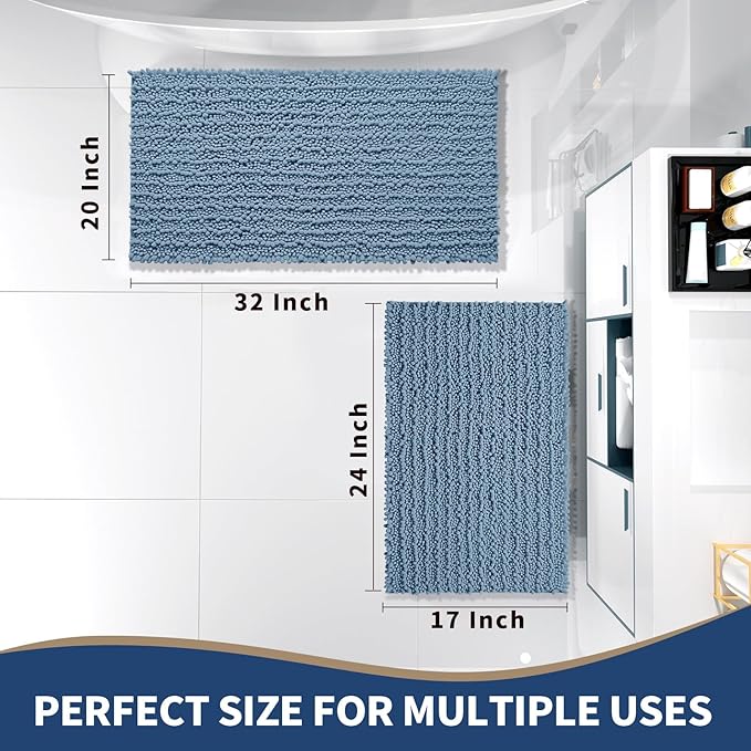 Yimobra Bathroom Rugs Sets 2 Piece - Quick Dry Extra Thick Luxury Chenille Bath Mat, Non Slip Super Absorbent for Tub Shower Sink, Machine Washable Shaggy Floor Mat, 32"x20"+24"x17" Inch, Denim Blue
