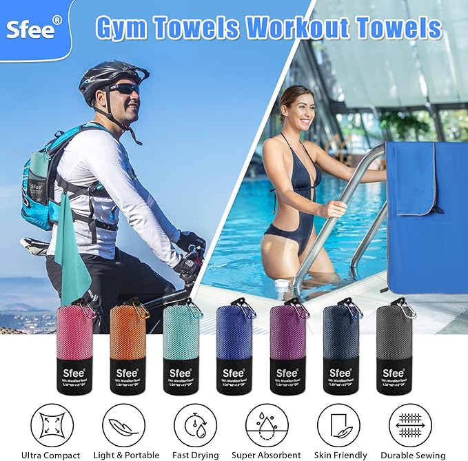 Sfee 2 Pack Microfiber Travel Towel, Quick Dry Towel Camping Towel Super Absorbent Compact Lightweight Sports Towel Swim Gym Beach Towels Set for Gym, Hiking, Pool, Backpacking, Bath, Yoga