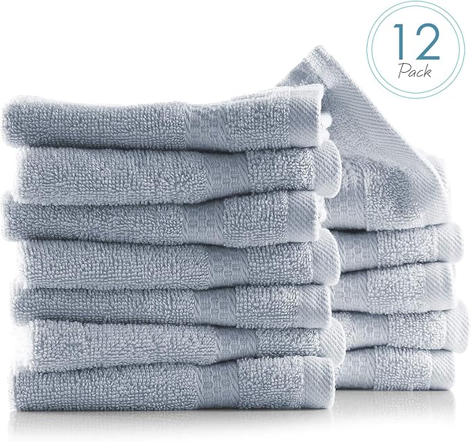 Hearth & Harbor Washcloths 12 Pack - 100% Cotton Washcloth for Body and face, High Absorbent and Soft 13"x13" Body Wash Cloth, Quick Dry - Ice Blue Washcloths
