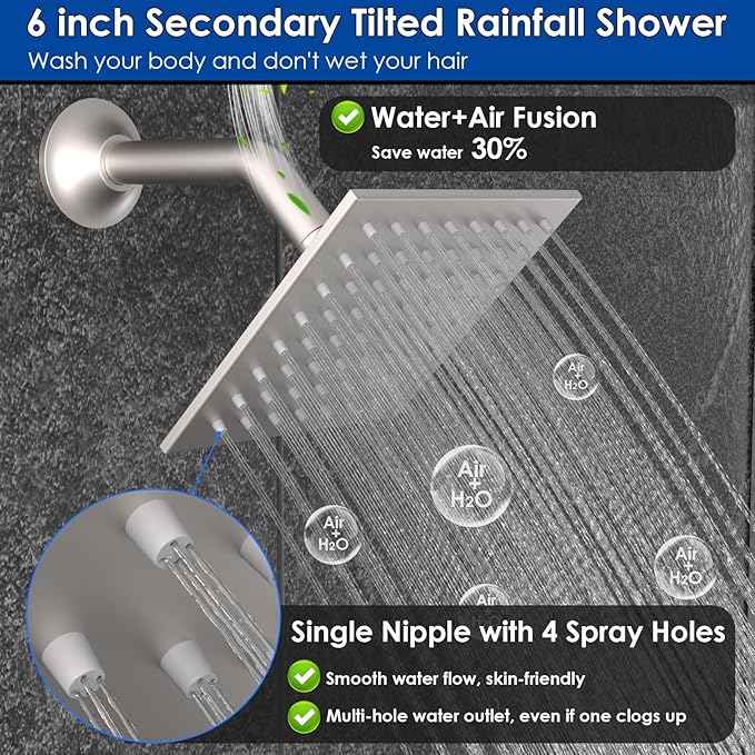 ENGA Shower Faucet Set, Dual Head Shower System 10" & 6" Square Rain Shower Heads with 2 in 1 Handheld Spray, 3 Way Water Diverter, Brushed Nickel