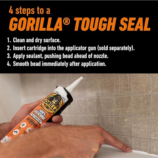 Gorilla Waterproof Caulk & Seal Silicone Sealant, 10oz Cartridge (Pack of 1) - White Caulking Sealant for Kitchen, Window, Bath, Marine, Door and More