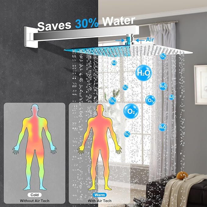 Shower System Modern Rain Brass Faucet Set With Valve and Diverter Shower Mixer With Handheld High Pressure Square Rainfall Shower Valve (12'' Wall Mount, Chrome Polished)