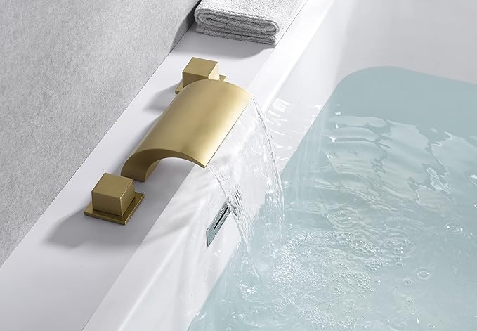 SUMERAIN Bathroom Roman Tub Faucet with Waterfall Spout, 3 Hole Deck Mount Bath Tub Filler Brushed Gold