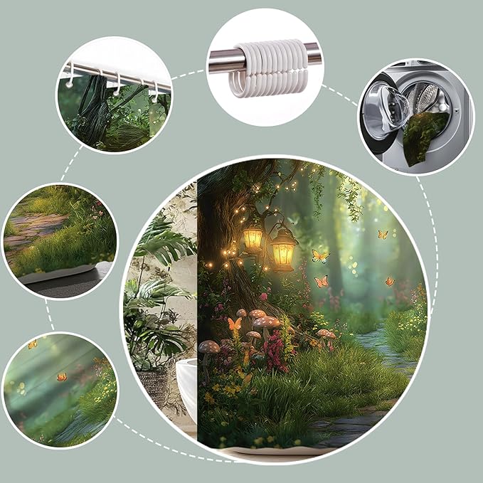 Fantasy Forest Path Shower Curtain Fairy Magical Enchanted Misty Jungle Mushroom Floral Tree Butterfly Lantern Wonderland Plant Bath Curtain Fabric Bathroom Accessories Decor with Hooks 70W x75L