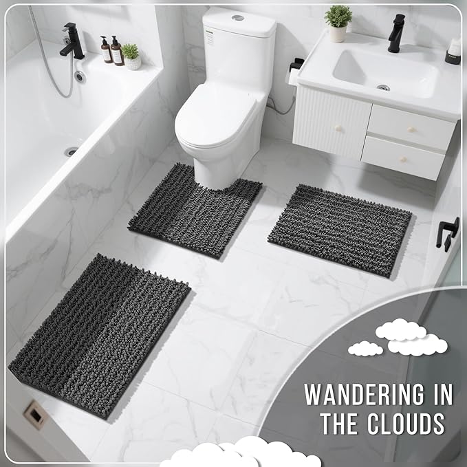 Yimobra Bathroom Rugs Sets 2 Piece - Quick Dry Extra Thick Luxury Chenille Bath Mat, Non Slip Super Absorbent for Tub Shower Sink, Machine Washable Shaggy Floor Mat, 32"x20"+24"x20" Inch, Dark Grey