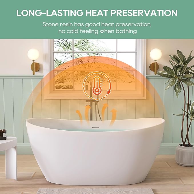 SJ STAR&JANE 55" Solid Surface Freestanding Bathtub Stone Resin Tub Oval Double Slippers Stand Alone Soaking Tub with Pop-up Drain and Overflow, Matte White