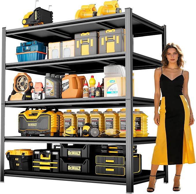 77.5"H*45"W Five-Shelf Metal Garage Shelving Unit Adjustable Storage Shelves Heavy Duty, 3000lbs Capacity, Sturdy Garage Shelf for Organize Tools, Ideal for Bedroom Kitchen Pantry Basement, Black