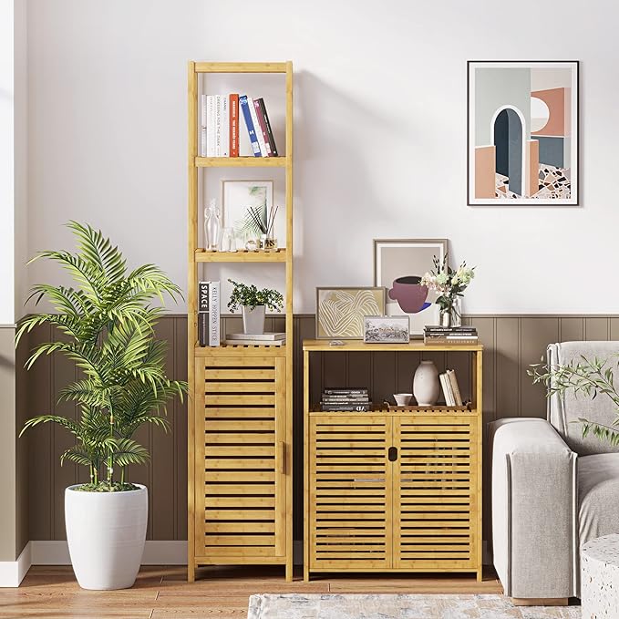 VIAGDO Storage Tall Slim Cabinet with Shutter Door and 3 Tier Shelves, Freestanding Linen Tower Cabinet for Living Room, Kitchen, Bathroom Organizer, Natural Bamboo