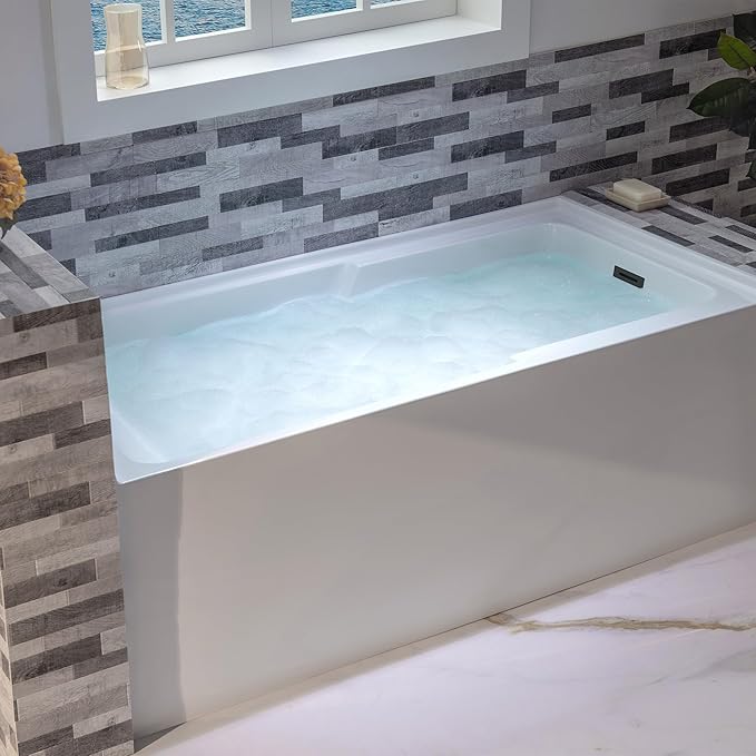 WOODBRIDGE 60" Acrylic Rectangular Alcove Soaking Bathtub in White with Right Drain, Matte Black Pop-Up Drain Included BA6030R
