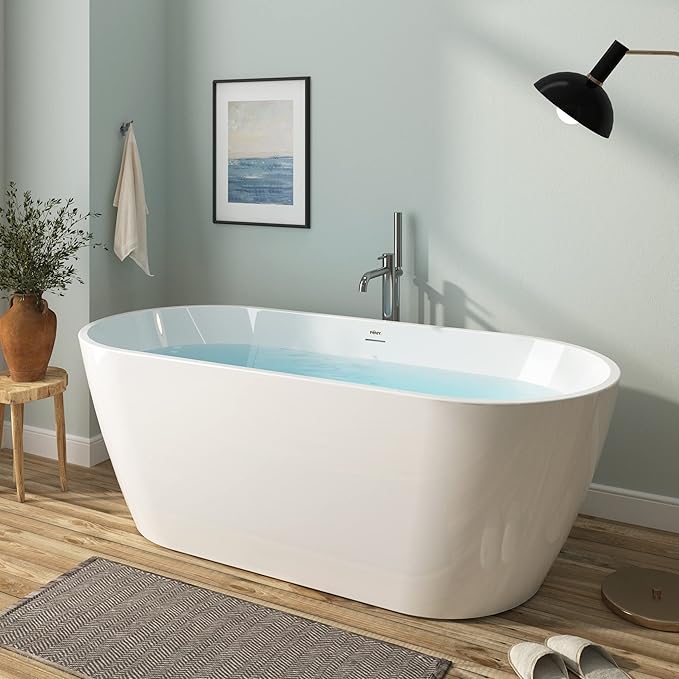 FerdY 67" Bali Acrylic Freestanding Bathtub, Gracefully Shaped Freestanding Soaking Bathtub, cUPC Certified, Toe-Tap Matte Black Drain and Minimalist Linear Design Overflow Included