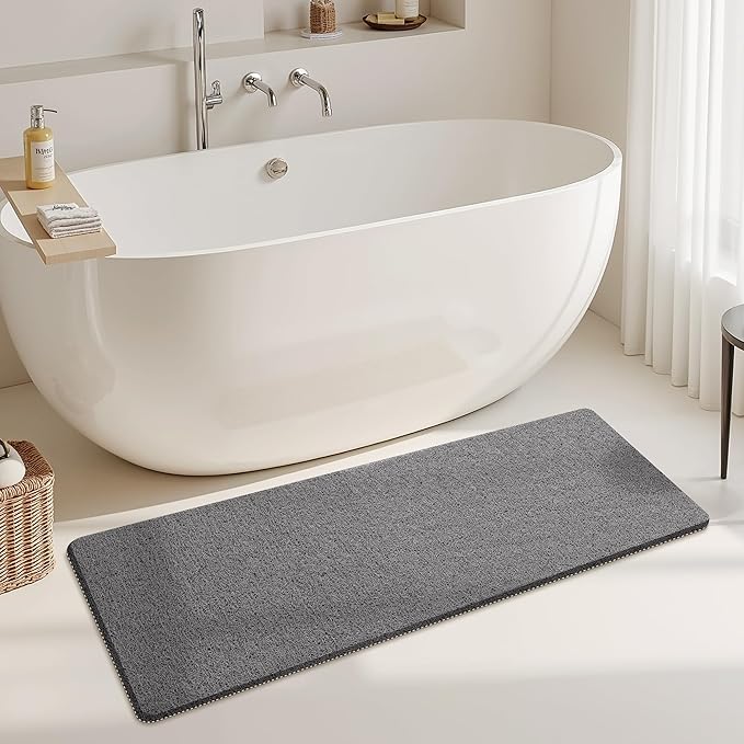 Mecko Non-Slip Shower Mat, Anti-Slip Bath Mat with Foot Scrubber – Quick-Drying Loofah Texture for Indoor and Outdoor Use, Bathtubs and Wet Areas (Grey, 17"x47")