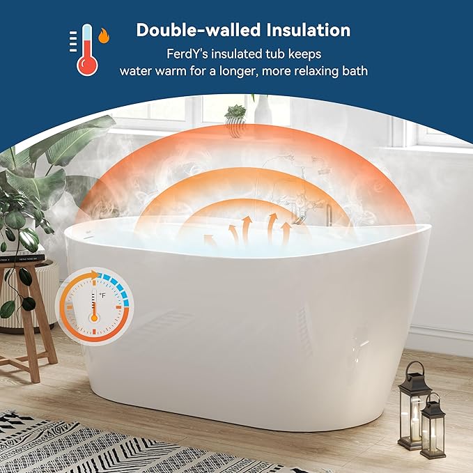 FerdY Lana'i 60" Freestanding Bathtub, Gracefully Shaped Freestanding Soaking tub, Glossy White, cUPC Certified, Polised White Drain Assembly Included