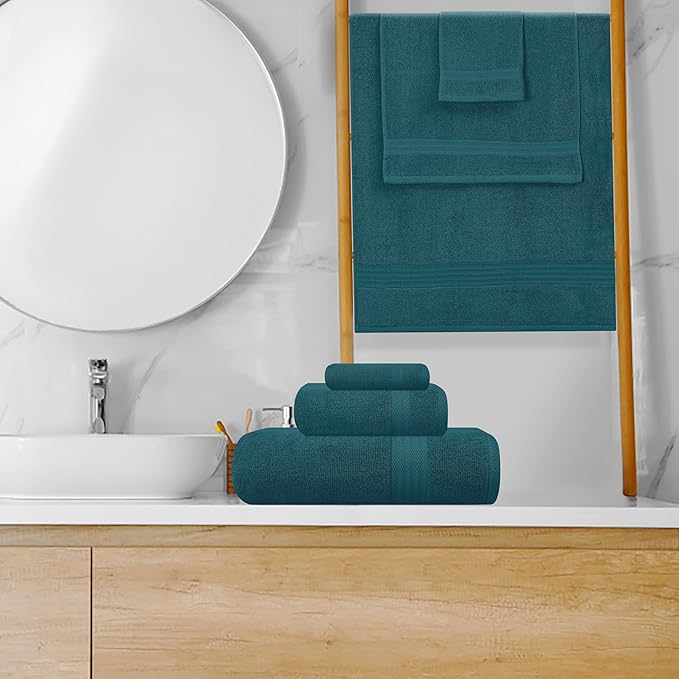 GLAMBURG Ultra Soft 8-Piece Towel Set - 100% Pure Ringspun Cotton, Contains 2 Oversized Bath Towels 27x54, 2 Hand Towels 16x28, 4 Wash Cloths 13x13 - Ideal for Everyday use, Hotel & Spa - Teal