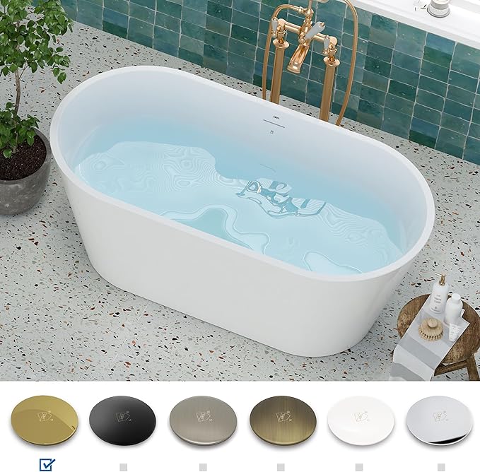 FerdY 59" Shangri-La Elite, Acrylic Freestanding Bathtub, Modern & Contemporary Design Soaking Tub with Polished Gold Pop-Up Drain and Minimalist Design Overflow, Glossy White, cUPC Certified