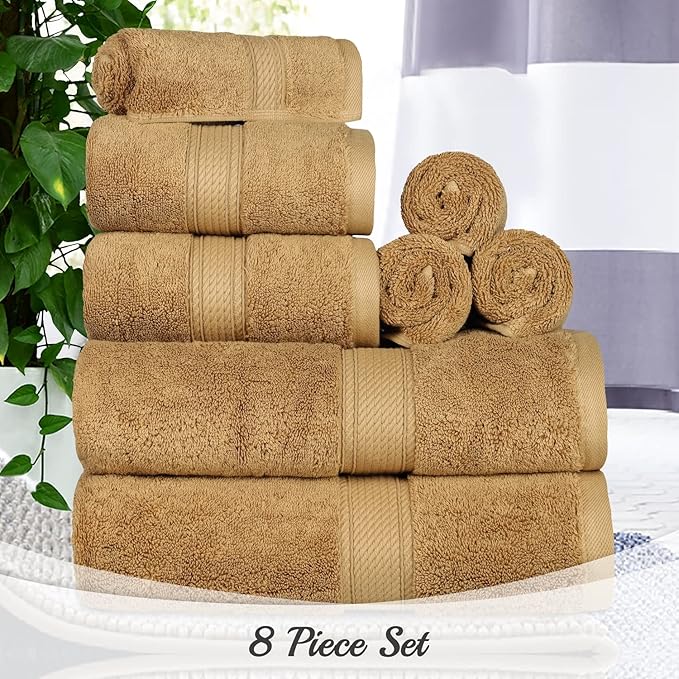 BLUENILEMILLS Madison Egyptian Cotton Towels, Towel Set for Bathroom, Shower, Hotel, Plush, 800 GSM, Highly Absorbent and Ultra-Soft Towels, Bath Essentials, 8 Piece Assorted Towel Set, Toast