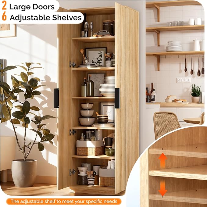 VINGLI 70" Modern Pantry Cabinet with Fluted Doors, 5 Adjustable Shelves, Tall Storage Solution for Kitchen, Dining Room, or Living Room, Oak