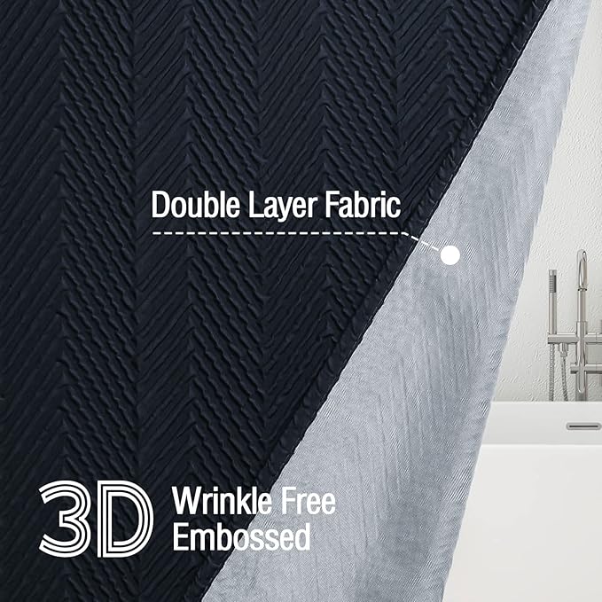 Gibelle Navy Blue Shower Curtain, 3D Embossed Textured Herringbone Fabric Shower Curtain, Modern Farmhouse Bathroom Decor Soft Cloth Shower Curtain Set with Hooks, 72x72