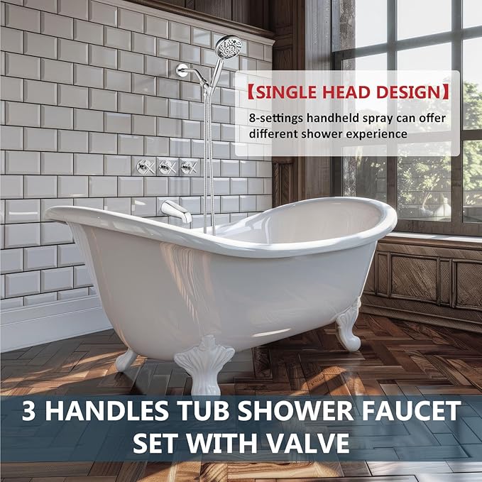 Aolemi 3 Handles Tub Shower Faucet Set with Valve Bathtub Combo Set Shower System Complete Trim Kit Wall Mounted Polish Chrome