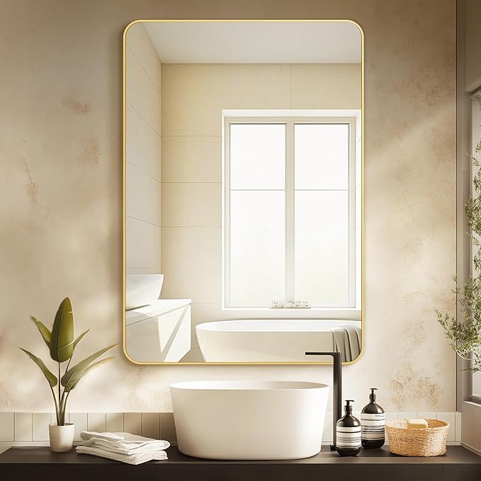 Delma Bathroom Mirror, Sleek Wall Mirror for Over Sink, Tempered Glass, Anti-Rust, Hangs Horizontally or Vertically for Bathrooms, Bedrooms & Entryways(40x28, Gold)