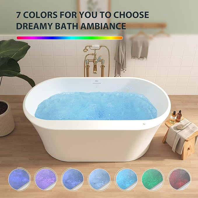 FerdY Mauritius 59 Inch Acrylic Freestanding Whirlpool Bathtub, Oval with 8 Water SPA Jets Morden White Stand Alone Jetted Tub, Luxury Acrylic Free Stand Deep Soaking Bath Tub