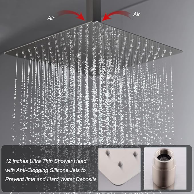 Digital Display Shower Fixtures Brushed Nickel Shower System with 12 inch Ceiling Mounted Shower Head and 2 Wall Mounted Shower Head(8 inch), Handheld Shower
