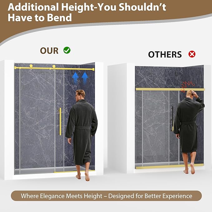 Frameless Glass Shower Door, 49-54" W x 76" H Sliding Frameless Shower Door, 1/4''(6mm) SGCC Tempered Glass, Explosion-Proof Film Nano Coating, Stainless Steel Hardware, Brushed Gold