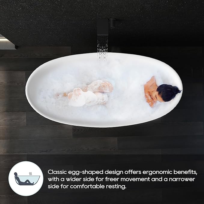 SJ STAR&JANE 65" Solid Surface Freestanding Bathtub Stone Resin Tub Oval Double Slippers Stand Alone Soaking Tub with Pop-up Drain and Overflow, Matte White