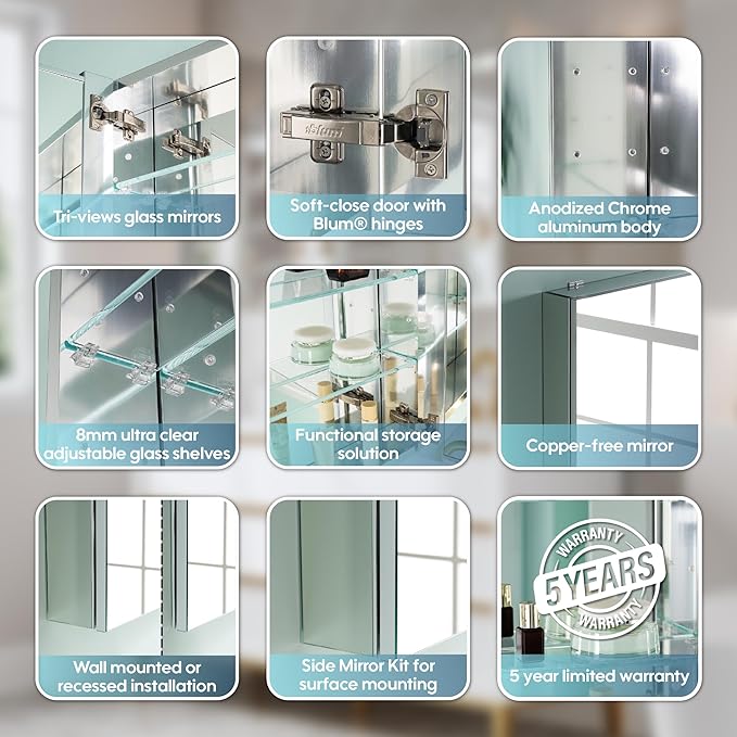 WELLFOR 36" x 30" Rectangle Medicine Cabinet Mirror, Surface Mount or Recessed Medicine Cabinet with Tempered Mirror, Anodized Chrome Aluminum Frame, Bathroom Mirror with Storage