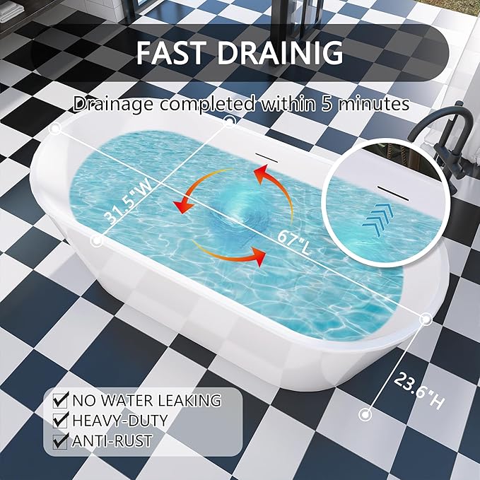67" Free Standing Tub, Pure Acrylic Freestanding Bathtub, Stylish Stand Alone Tub, Contemporary Deep Soaking Bath Tub, cUPC Certified SY1570 (Glossy White)
