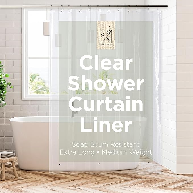 Stitch & Stone Shower Curtain Liner, Premium Medium Weight Durable Waterproof 6g PEVA for Bathroom with Weighted Magnets, Extra Long 72" x 84", Clear 1 Pack