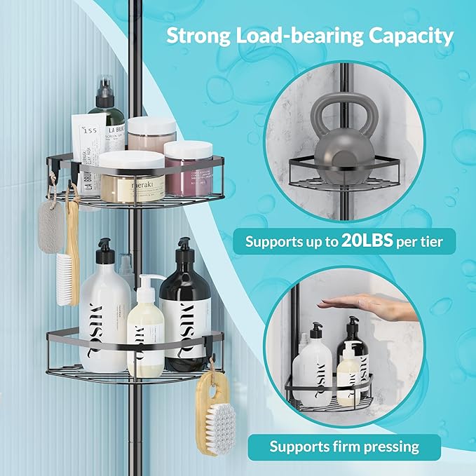 Shower Caddy Tension Pole, 4-Tier Adjustable Corner Shower Standing Caddy, Rustproof Rack for Bathroom Bathtub, with 4 Shelves, No Drilling Corner Bathroom Shelf for Inside (Black)