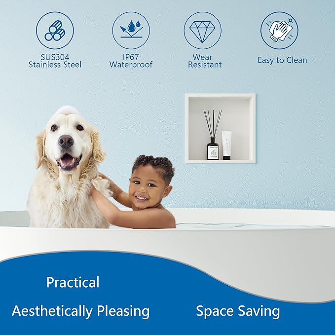 Neodrain White Shower Niche, Insert Storage Shower Shelf (Outside Size 13.1”X13.1“)(Inner Size 12" X 12"), Stainless Steel Wall Shelf No Tiled Recessed Niche Shower for Storage