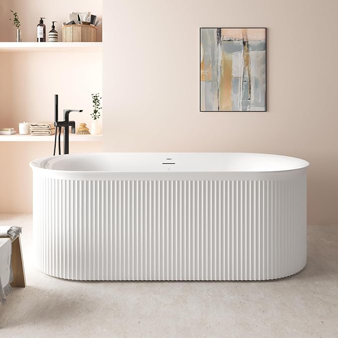 FerdY Nami 67" Acrylic Freestanding Bathtub, V Shape Freestanding Soaking Acrylic Bathtub, Modern White, cUPC Certified, Brushed Nickel Pop-Up