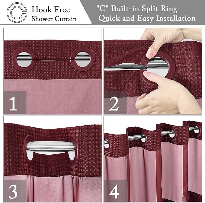 Gibelle Extra Long Shower Curtain 72x86, Waffle Weave Bathroom Shower Curtain with Snap-in Fabric Liner Set, No Hooks Needed, Hotel Style with Mesh Top Window, Burgundy