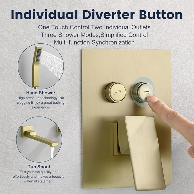Wall Mount Bathtub Faucet Set Included 180°Swivel bathroom Tub Filler faucets and handheld Shower，high Flow Tub Spout with Solid Brass Push-button Diverter Pressure Balance Valve,Brushed Gold