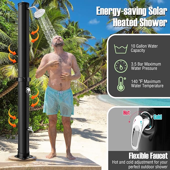 Goplus 10 Gallon Solar Heated Outdoor Shower, 7.2 FT Freestanding Outside Shower with Rotating Shower Head, Temperature Adjustment & Foot Shower, for Backyard Beach Pool Spa (Black)