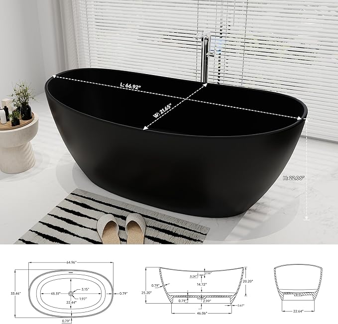 SJ STAR&JANE 65" Solid Surface Freestanding Bathtub Stone Resin Soaking Tub Matte Black Double Slippers Stand Alone Oval Tub with Pop-up Drain and Overflow for Bathroom